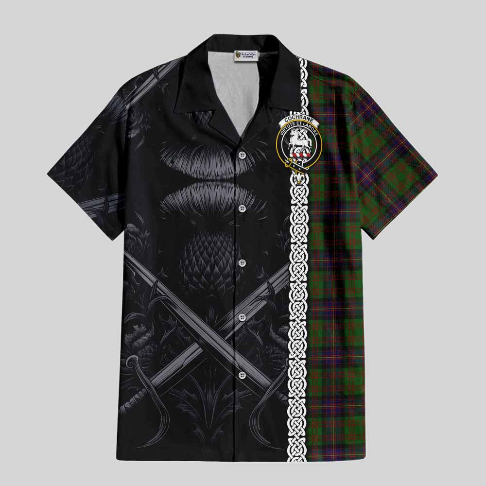Tartan Vibes Clothing Cochrane Tartan Short Sleeve Button Shirt with Family Crest Cross Sword Thistle Celtic Vibes