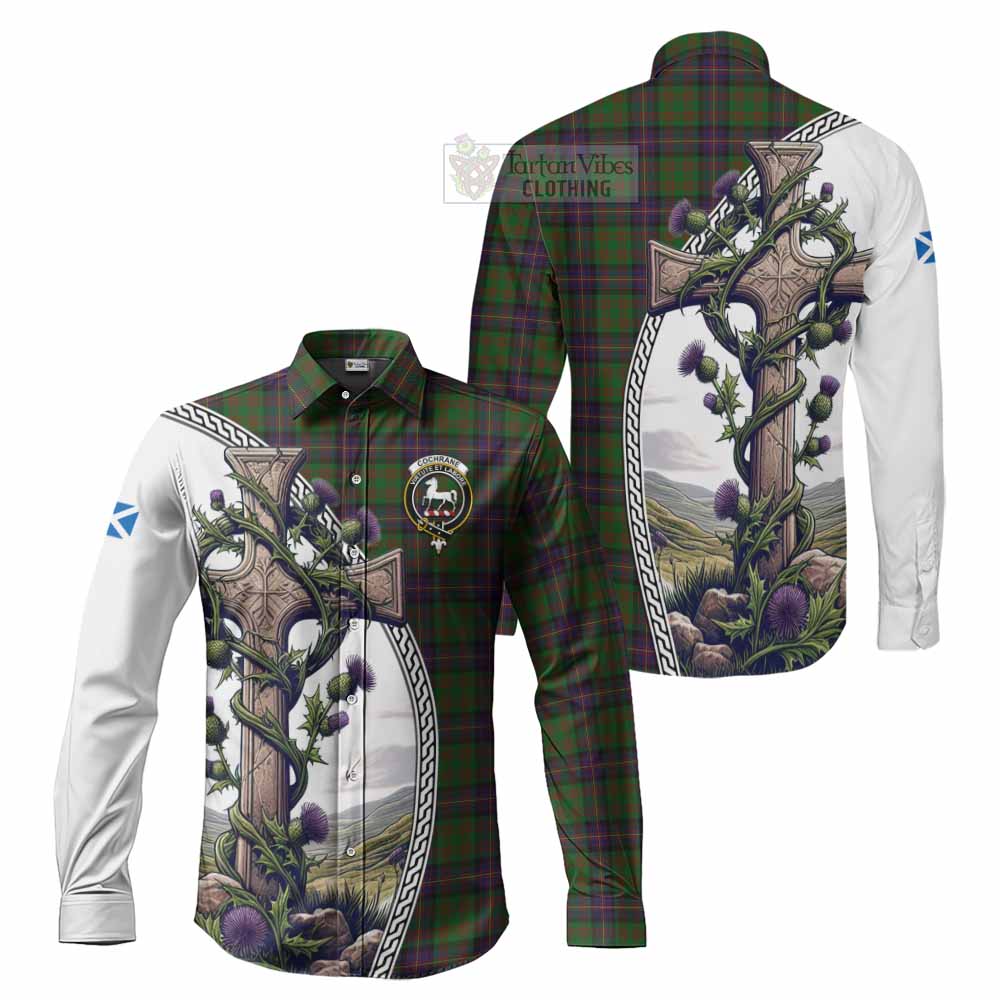 Tartan Vibes Clothing Cochrane Tartan Long Sleeve Button Shirt with Family Crest and St. Andrew's Cross Accented by Thistle Vines