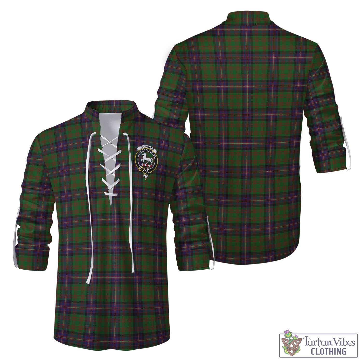 Tartan Vibes Clothing Cochrane Tartan Men's Scottish Traditional Jacobite Ghillie Kilt Shirt with Family Crest