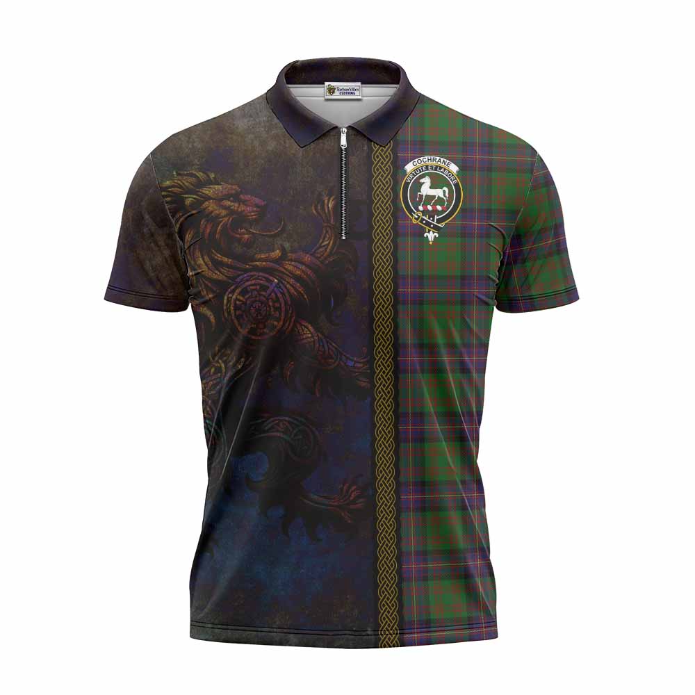 Tartan Vibes Clothing Cochrane Tartan Family Crest Zipper Polo Shirt Alba Gu Brath Be Brave Lion Ancient Style