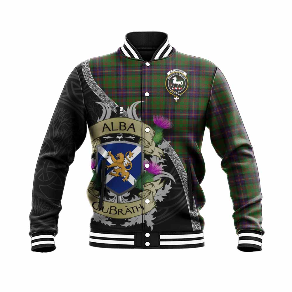 Tartan Vibes Clothing Cochrane Tartan Family Crest Baseball Jacket Lion Rampant Royal Thistle Shield Celtic Inspired