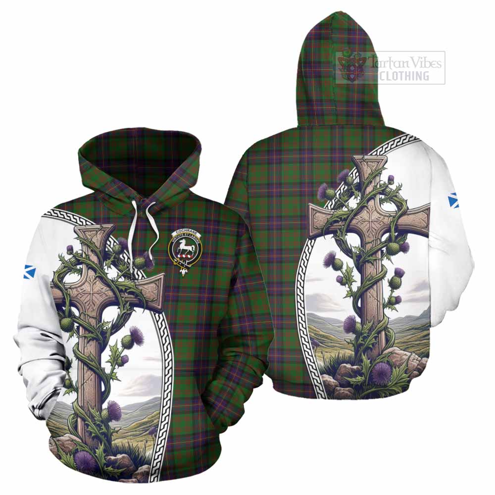 Tartan Vibes Clothing Cochrane Tartan Hoodie with Family Crest and St. Andrew's Cross Accented by Thistle Vines