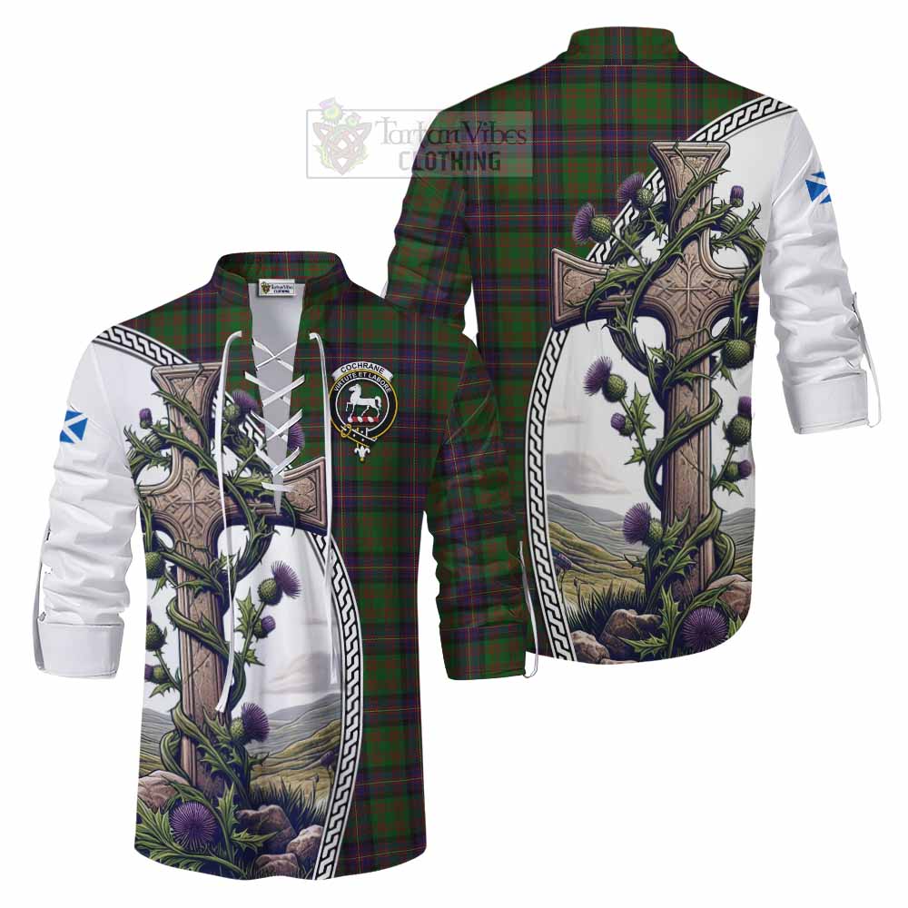 Tartan Vibes Clothing Cochrane Tartan Ghillie Kilt Shirt with Family Crest and St. Andrew's Cross Accented by Thistle Vines