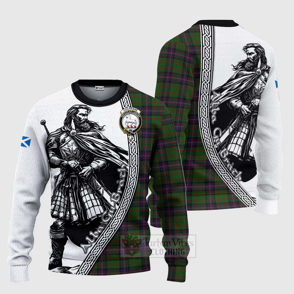 Tartan Vibes Clothing Cochrane Tartan Clan Crest Knitted Sweater with Highlander Warrior Celtic Style