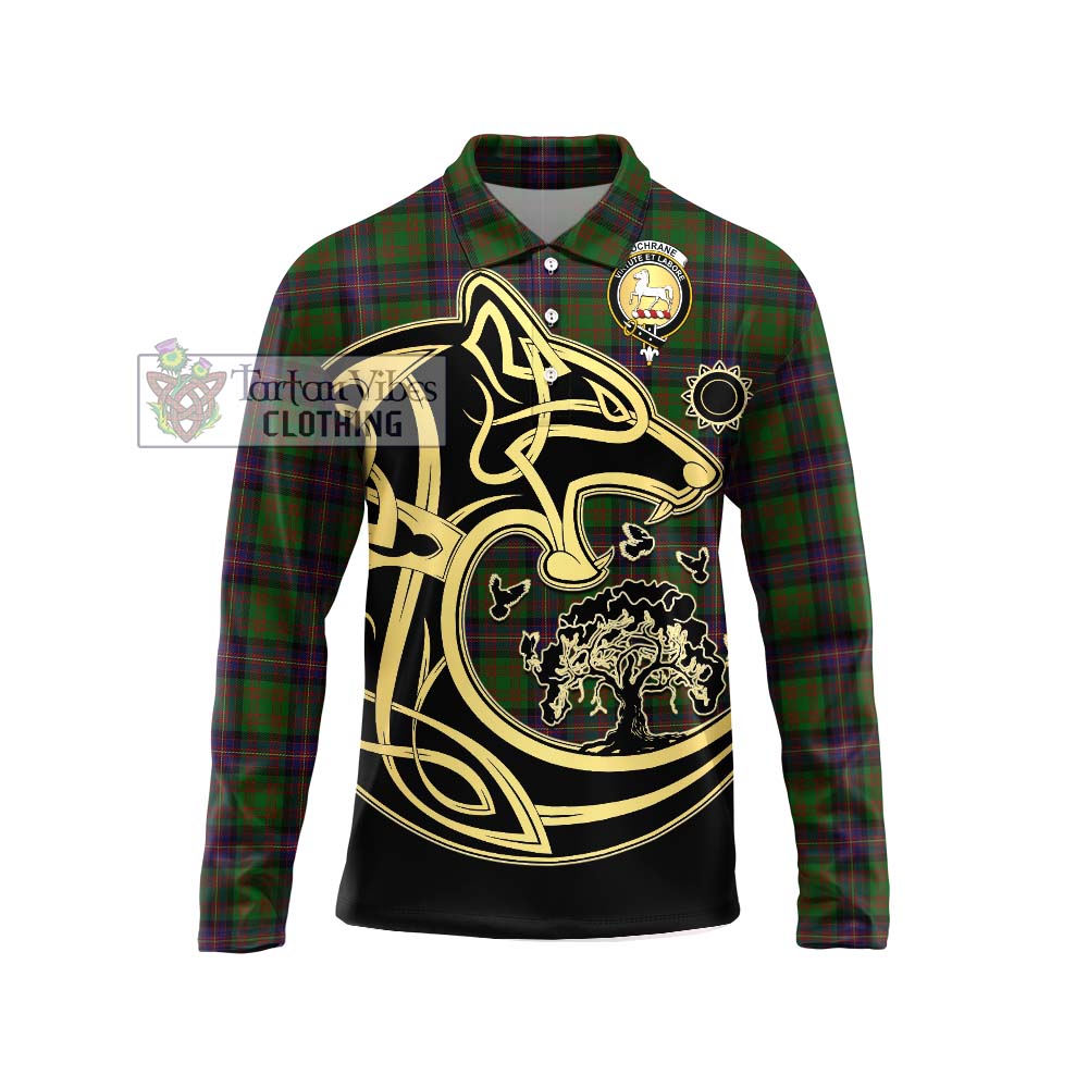 Cochrane Tartan Long Sleeve Polo Shirt with Family Crest Celtic Wolf Style Unisex - Tartanvibesclothing Shop