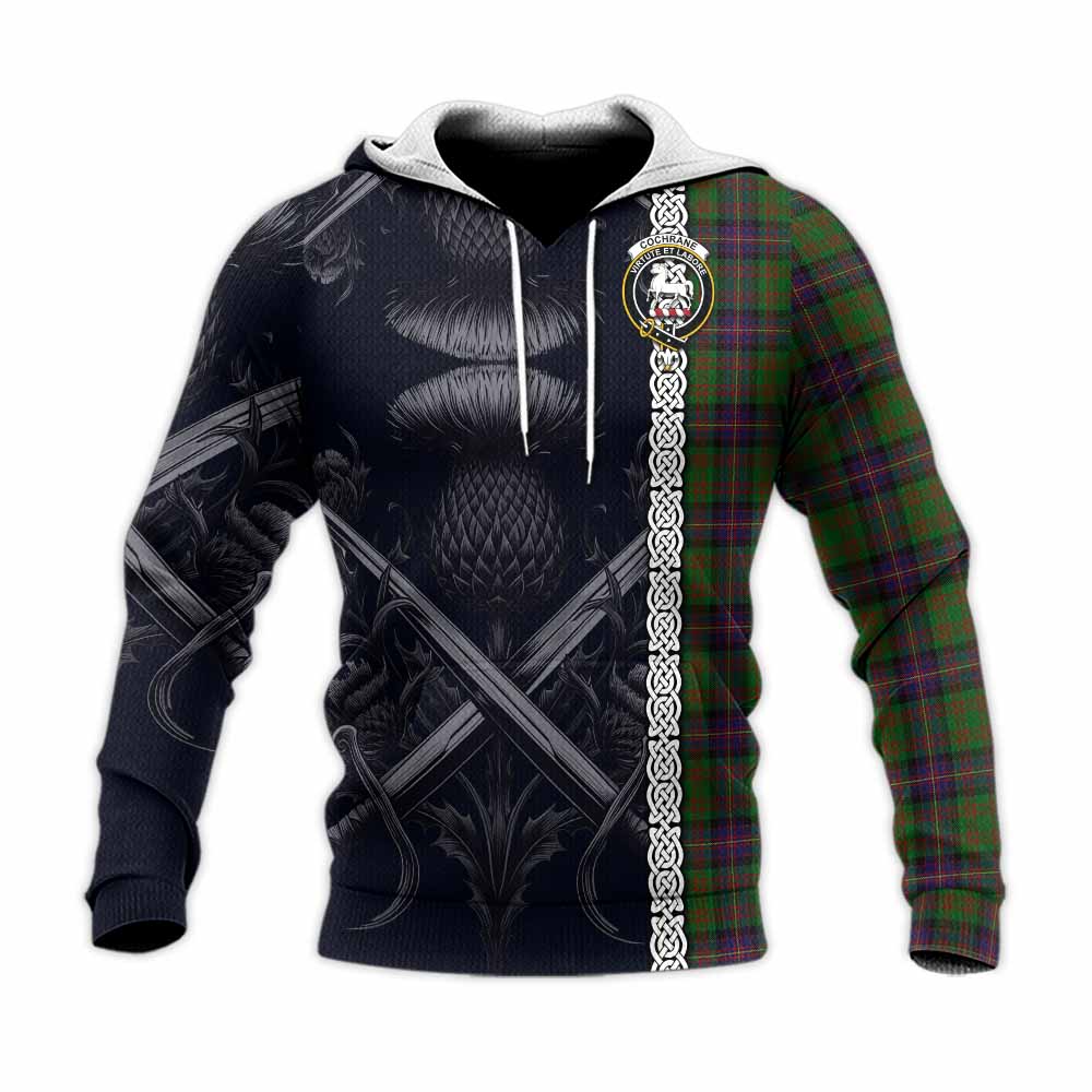 Tartan Vibes Clothing Cochrane Tartan Knitted Hoodie with Family Crest Cross Sword Thistle Celtic Vibes