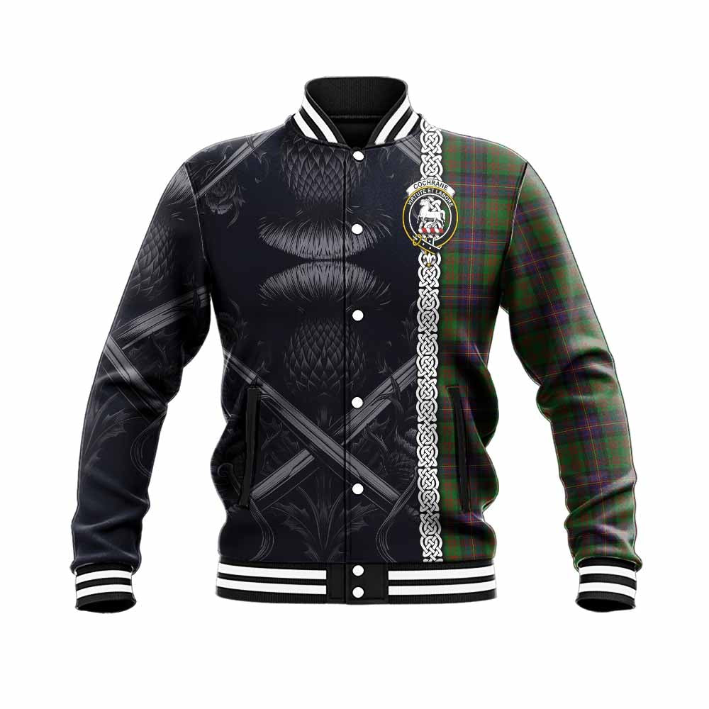 Tartan Vibes Clothing Cochrane Tartan Baseball Jacket with Family Crest Cross Sword Thistle Celtic Vibes