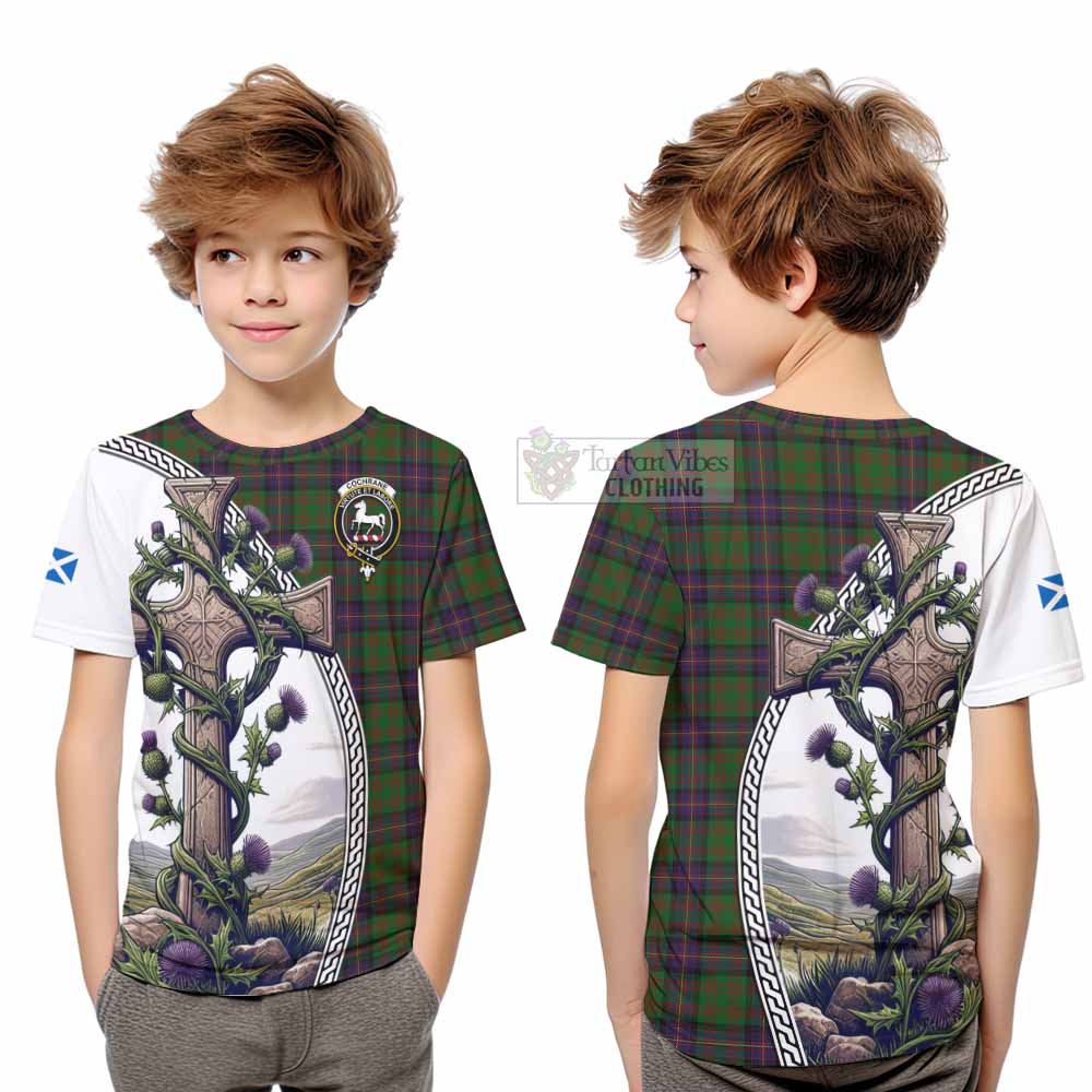 Tartan Vibes Clothing Cochrane Tartan Kid T-Shirt with Family Crest and St. Andrew's Cross Accented by Thistle Vines