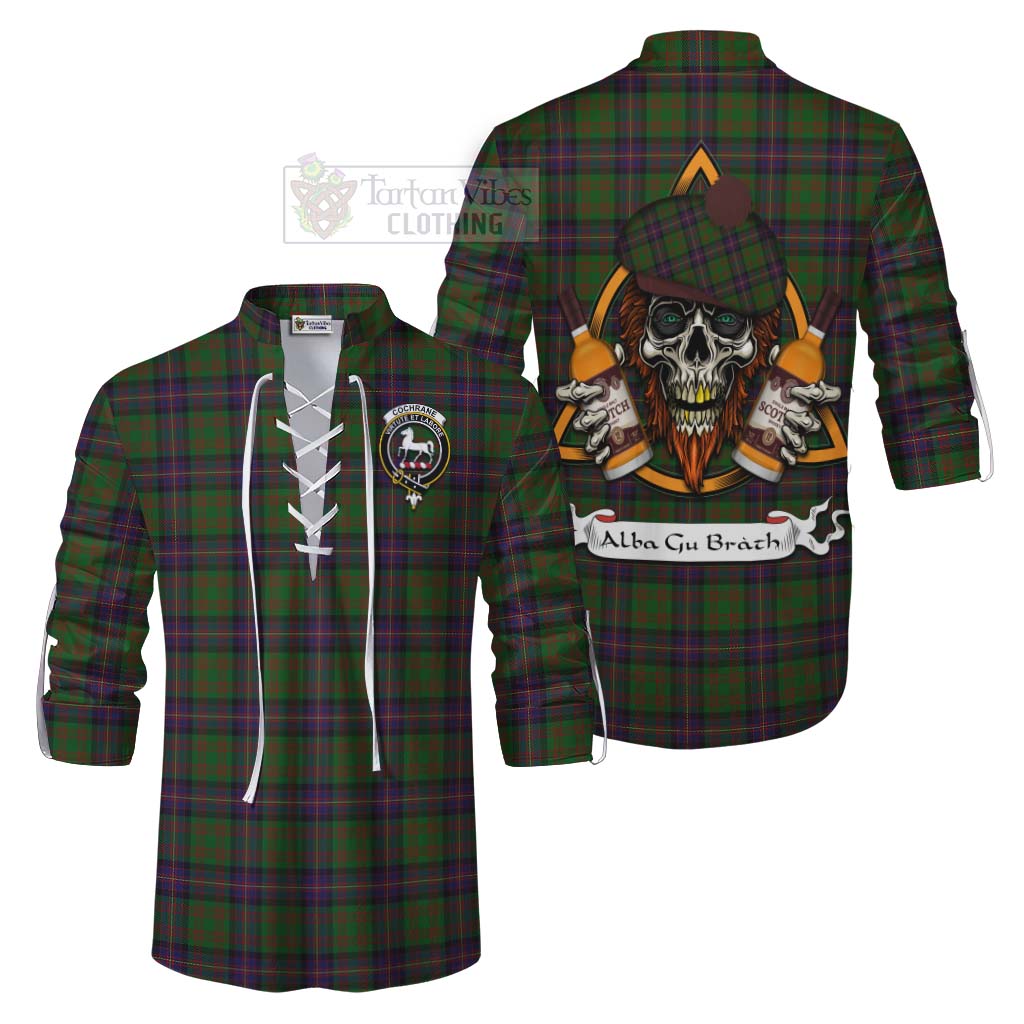 Tartan Vibes Clothing Cochrane Tartan Ghillie Kilt Shirt with Family Crest and Bearded Skull Holding Bottles of Whiskey