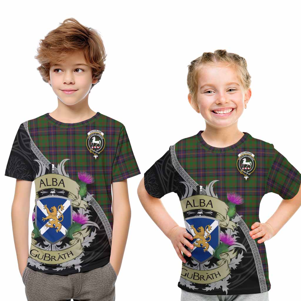 Tartan Vibes Clothing Cochrane Tartan Family Crest Kid T-Shirt Lion Rampant Royal Thistle Shield Celtic Inspired