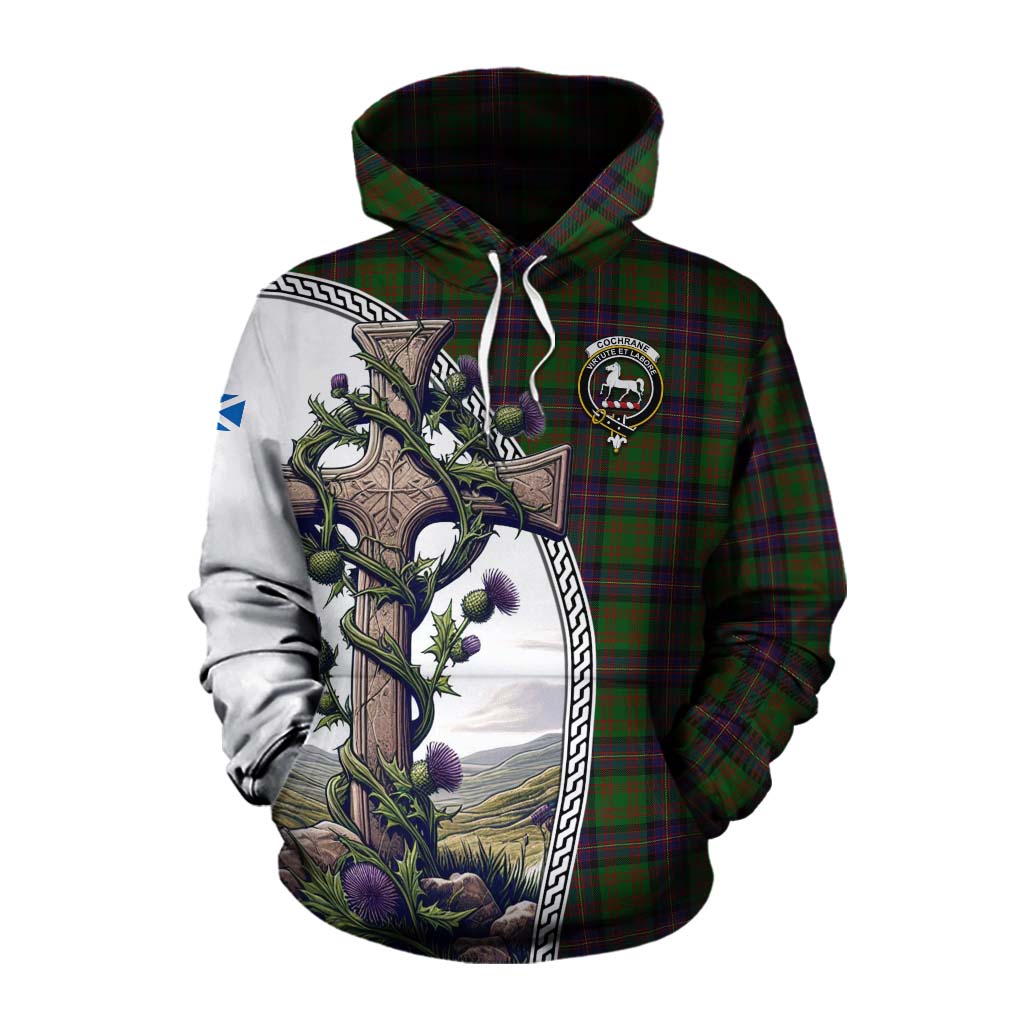 Tartan Vibes Clothing Cochrane Tartan Cotton Hoodie with Family Crest and St. Andrew's Cross Accented by Thistle Vines