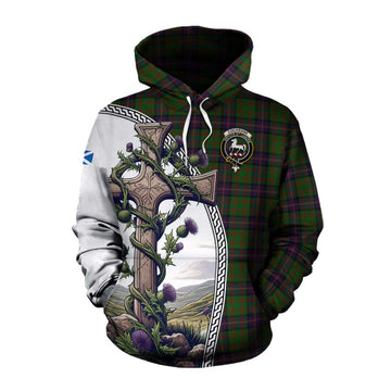 Tartan Vibes Clothing Cochrane Tartan Cotton Hoodie with Family Crest and St. Andrew's Cross Accented by Thistle Vines
