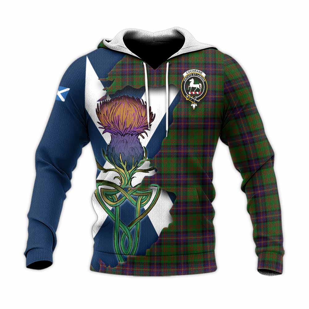 Tartan Vibes Clothing Cochrane Tartan Family Crest Knitted Hoodie Scottish Thistle Celtic Inspired
