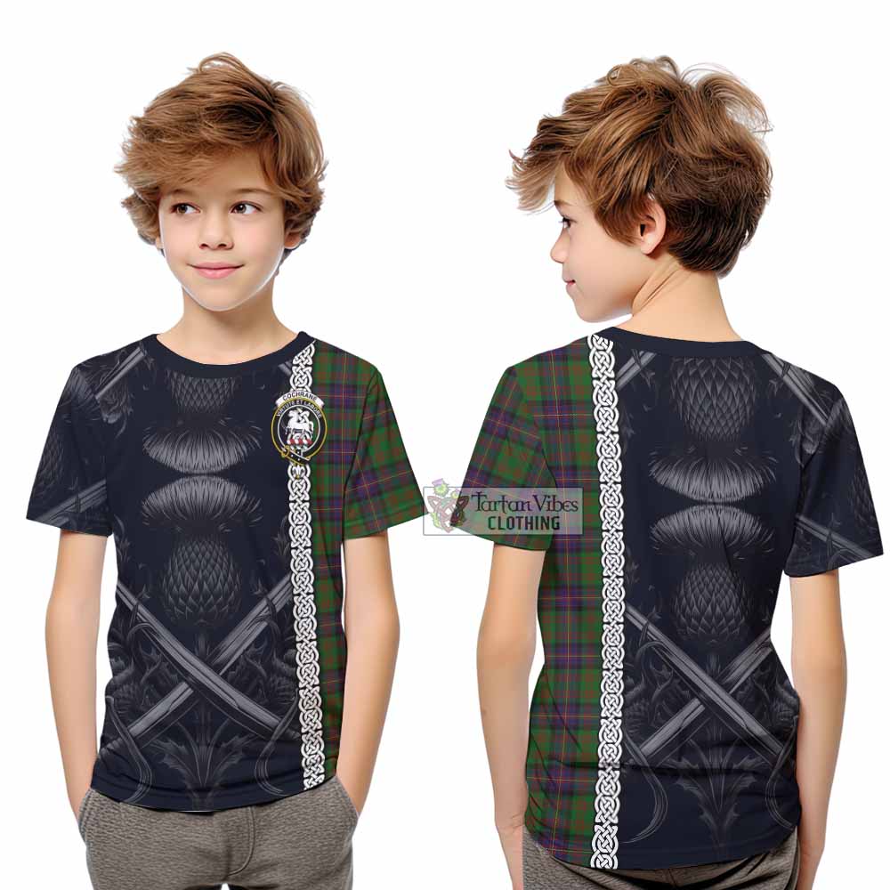 Tartan Vibes Clothing Cochrane Tartan Kid T-Shirt with Family Crest Cross Sword Thistle Celtic Vibes