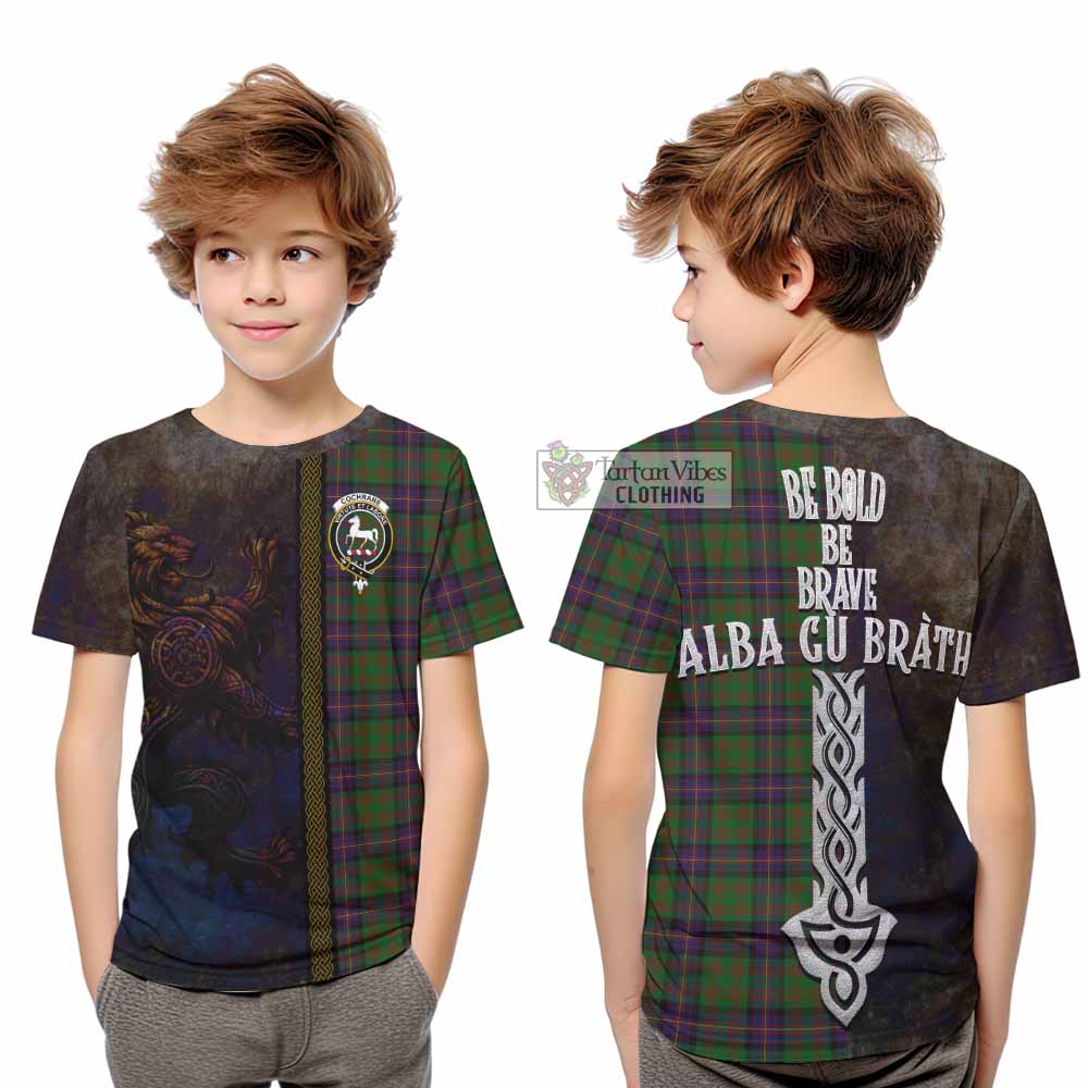 Tartan Vibes Clothing Cochrane Tartan Family Crest Kid T-Shirt Alba Gu Brath Be Brave Lion Ancient Style