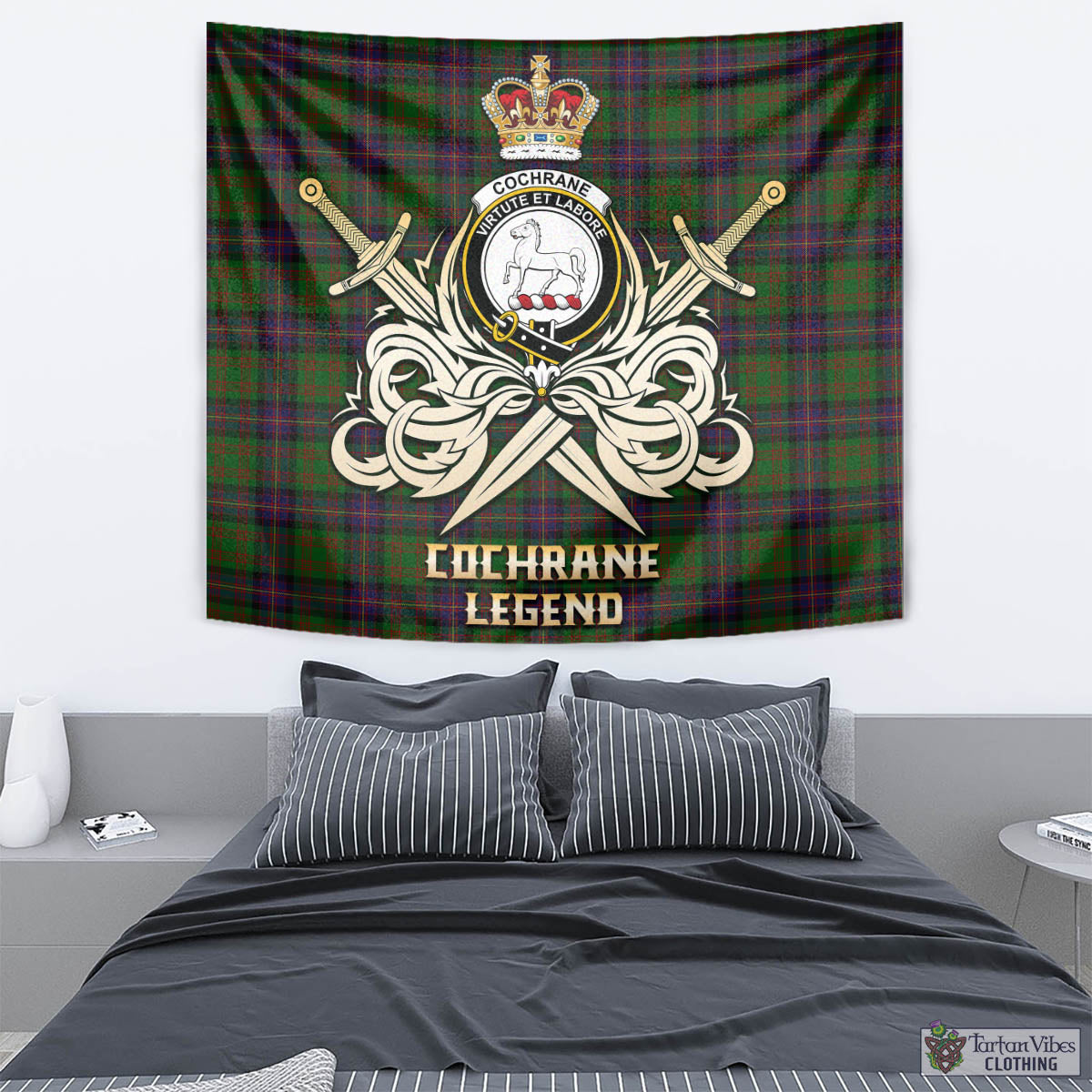 Tartan Vibes Clothing Cochrane Tartan Tapestry with Clan Crest and the Golden Sword of Courageous Legacy