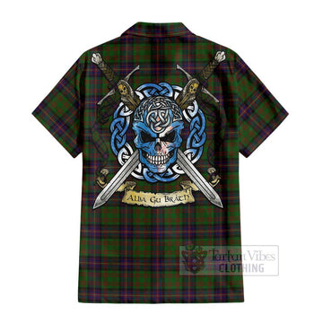 Tartan Vibes Clothing Cochrane Tartan Short Sleeve Button Shirt with Family Crest Celtic Skull Style