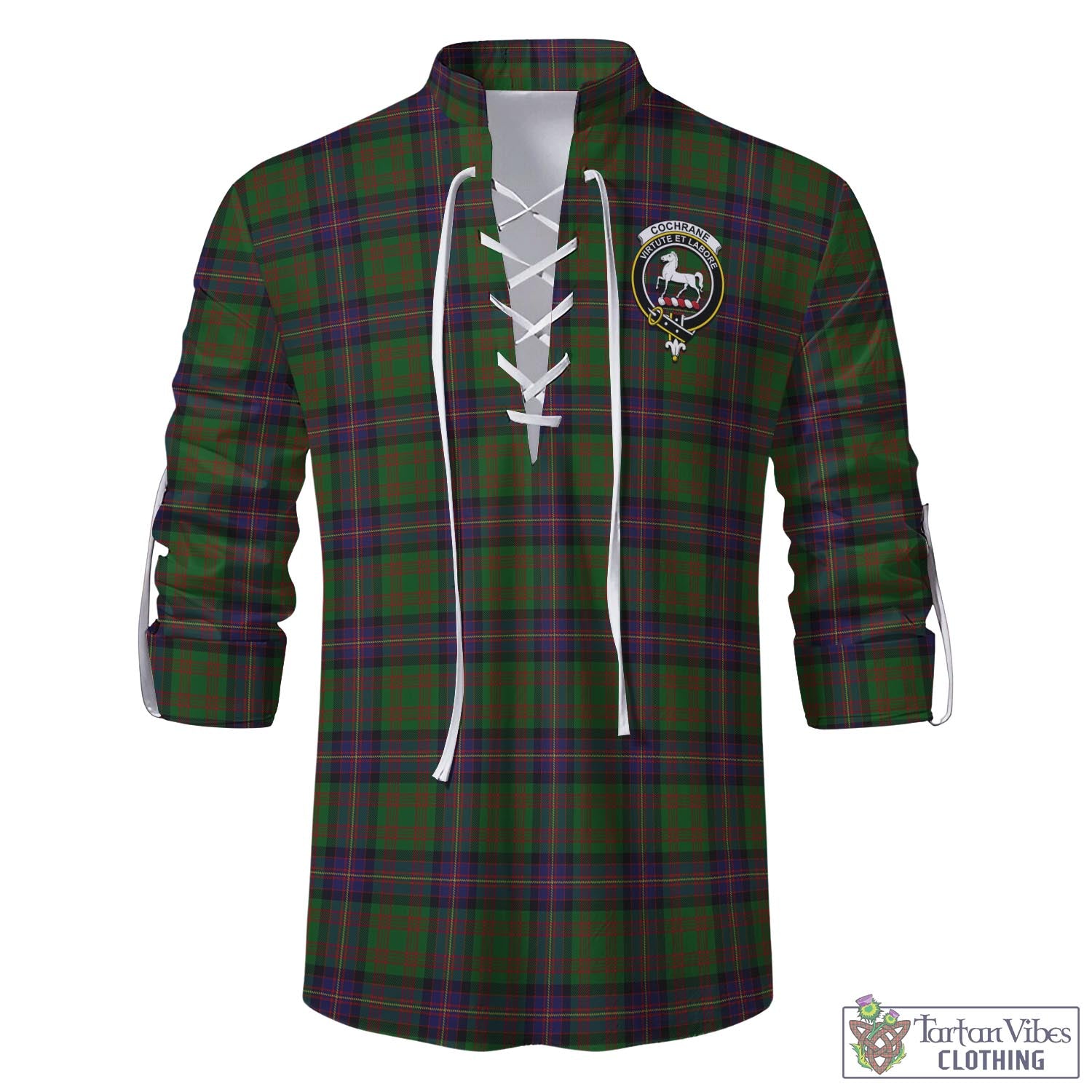 Tartan Vibes Clothing Cochrane Tartan Men's Scottish Traditional Jacobite Ghillie Kilt Shirt with Family Crest
