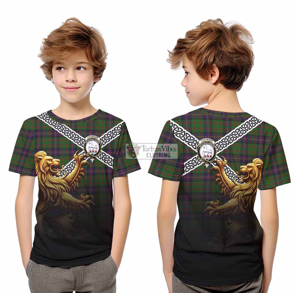 Tartan Vibes Clothing Cochrane Crest Tartan Kid T-Shirt with Golden Lion Emblem Celtic Style