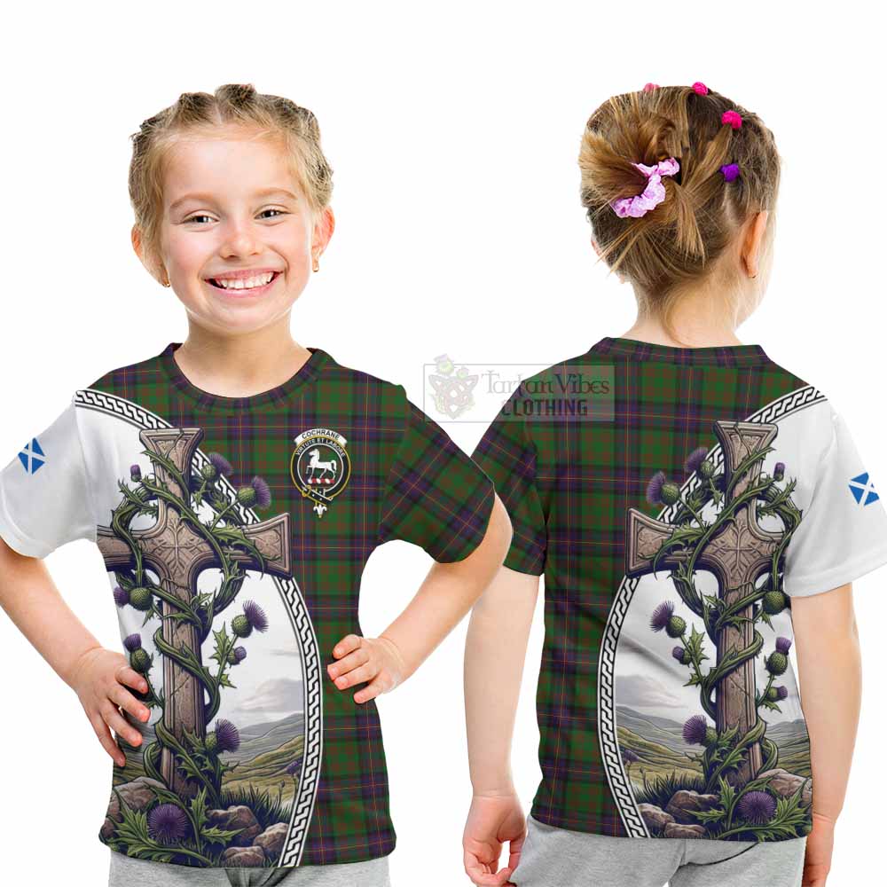Tartan Vibes Clothing Cochrane Tartan Kid T-Shirt with Family Crest and St. Andrew's Cross Accented by Thistle Vines
