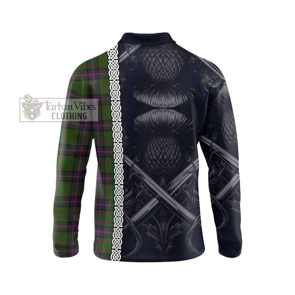 Tartan Vibes Clothing Cochrane Tartan Long Sleeve Polo Shirt with Family Crest Cross Sword Thistle Celtic Vibes