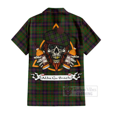 Tartan Vibes Clothing Cochrane Tartan Short Sleeve Button Shirt with Family Crest and Bearded Skull Holding Bottles of Whiskey