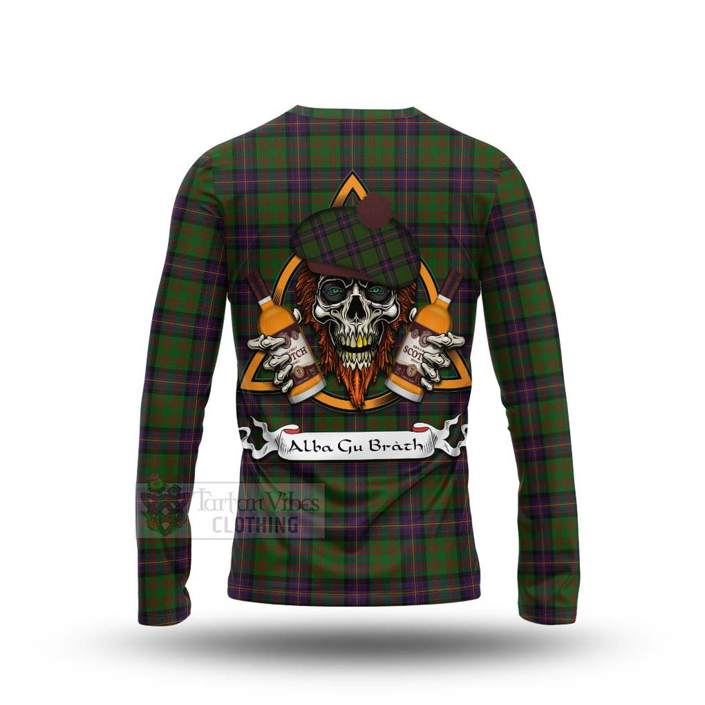 Tartan Vibes Clothing Cochrane Tartan Long Sleeve T-Shirt with Family Crest and Bearded Skull Holding Bottles of Whiskey