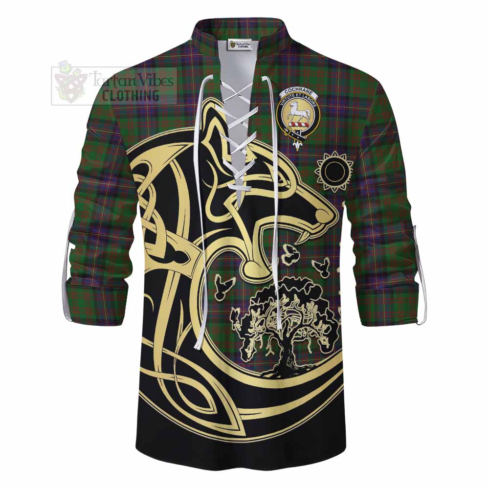 Tartan Vibes Clothing Cochrane Tartan Ghillie Kilt Shirt with Family Crest Celtic Wolf Style