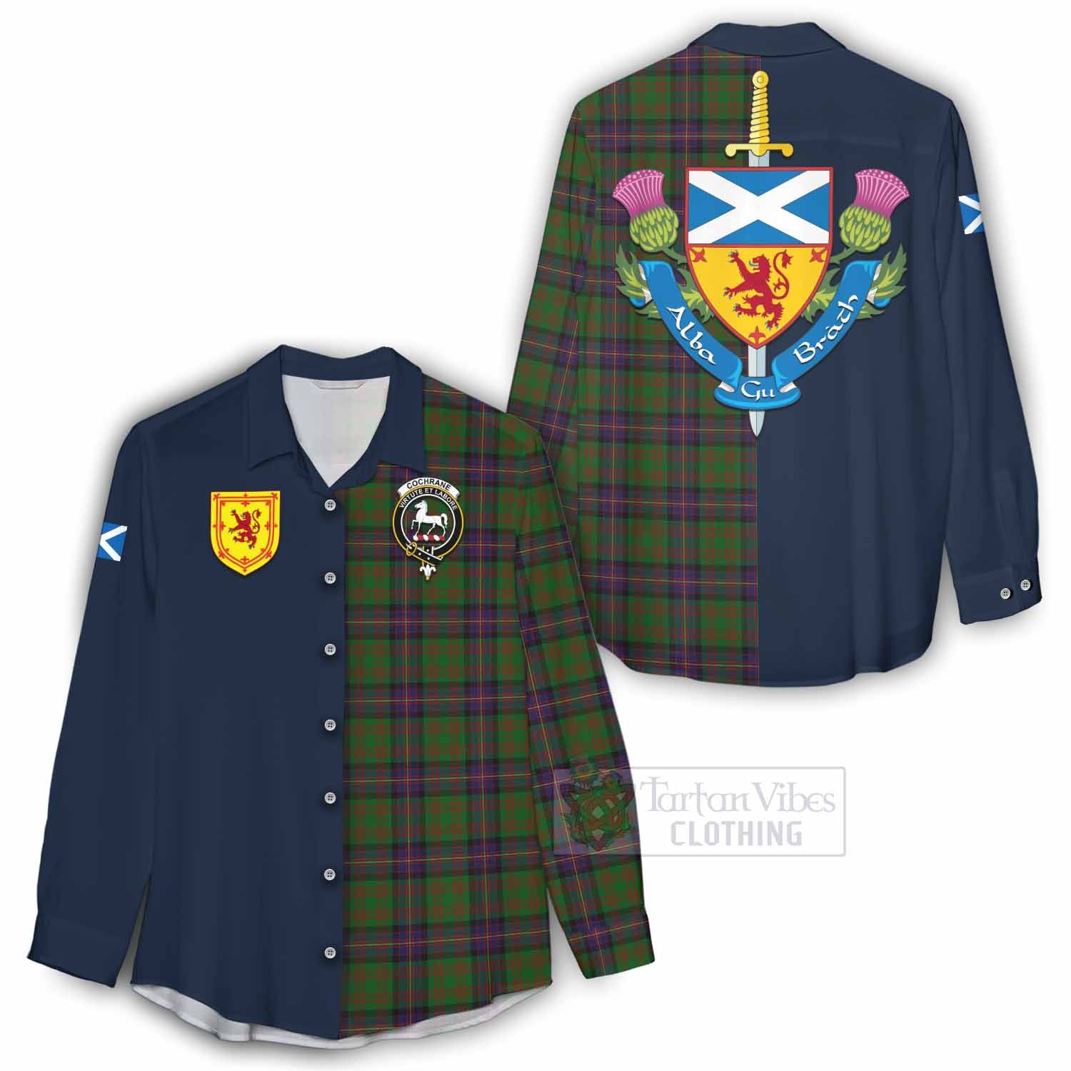 Tartan Vibes Clothing Cochrane Tartan Women's Casual Shirt Alba with Scottish Lion Royal Arm Half Style
