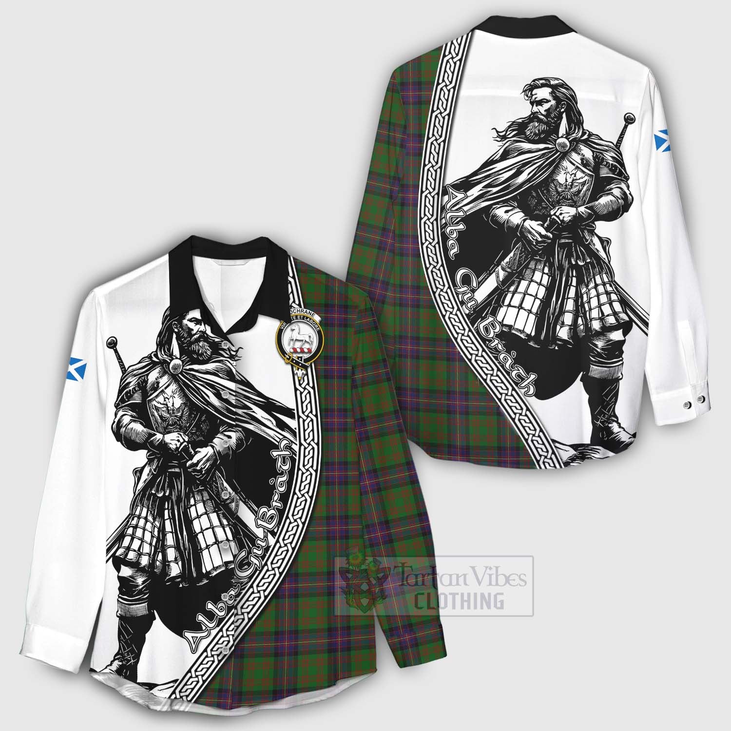 Tartan Vibes Clothing Cochrane Tartan Clan Crest Women's Casual Shirt with Highlander Warrior Celtic Style