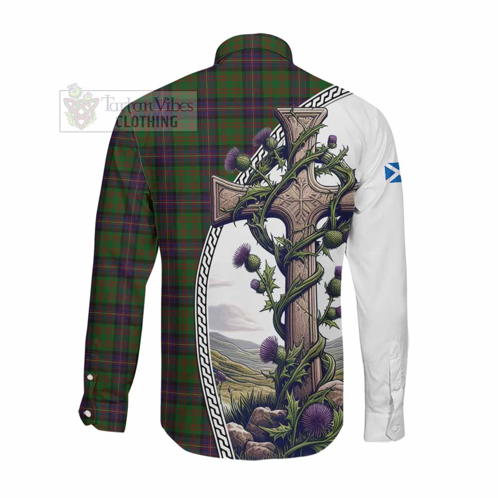 Tartan Vibes Clothing Cochrane Tartan Long Sleeve Button Shirt with Family Crest and St. Andrew's Cross Accented by Thistle Vines