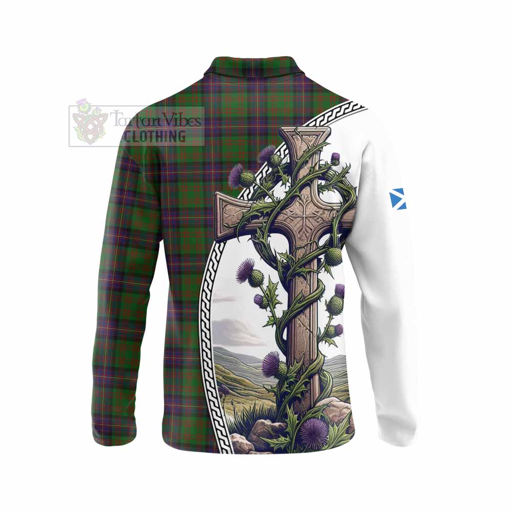 Tartan Vibes Clothing Cochrane Tartan Long Sleeve Polo Shirt with Family Crest and St. Andrew's Cross Accented by Thistle Vines