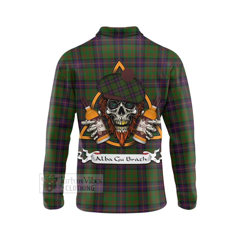 Tartan Vibes Clothing Cochrane Tartan Long Sleeve Polo Shirt with Family Crest and Bearded Skull Holding Bottles of Whiskey