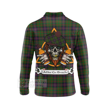 Tartan Vibes Clothing Cochrane Tartan Long Sleeve Polo Shirt with Family Crest and Bearded Skull Holding Bottles of Whiskey