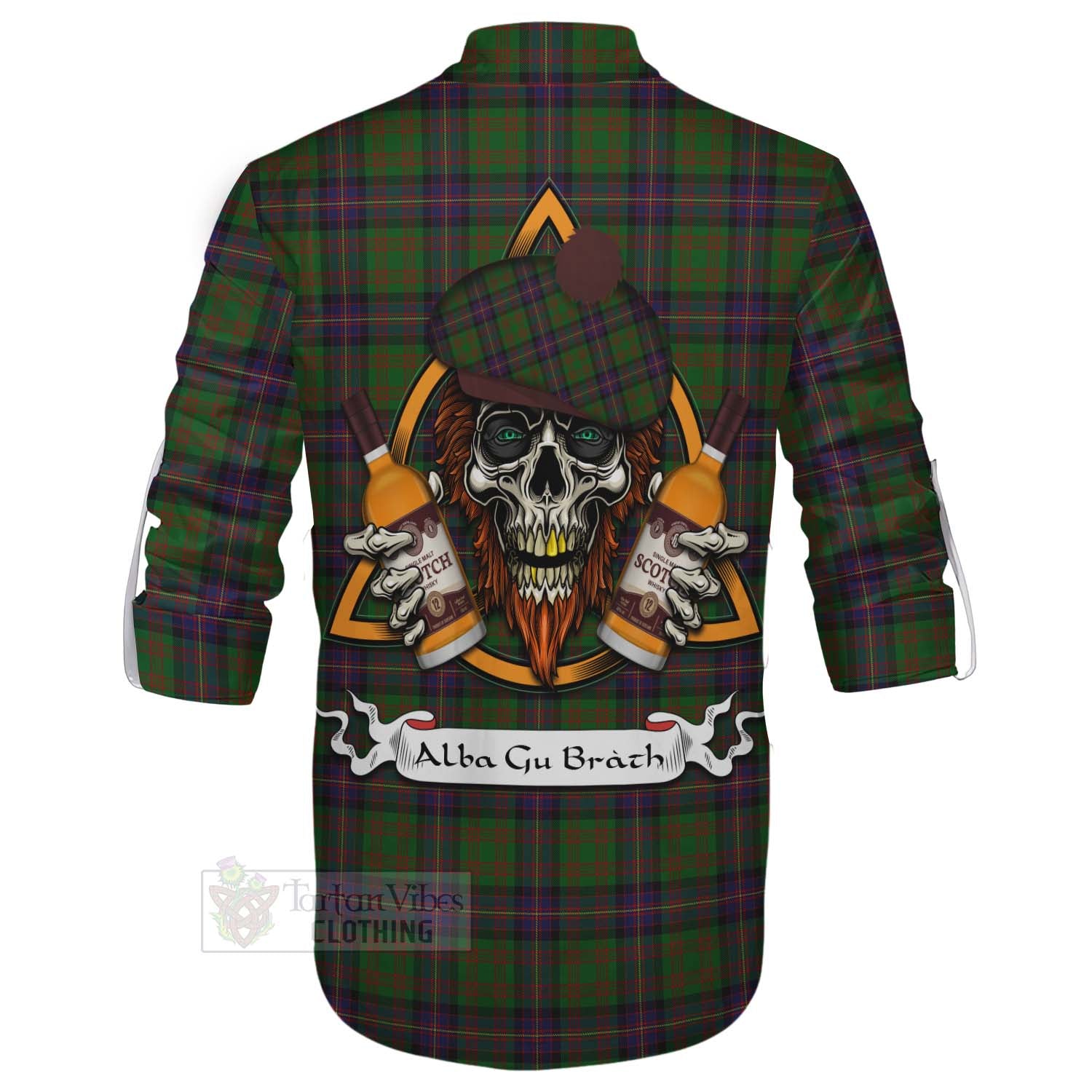 Tartan Vibes Clothing Cochrane Tartan Ghillie Kilt Shirt with Family Crest and Bearded Skull Holding Bottles of Whiskey