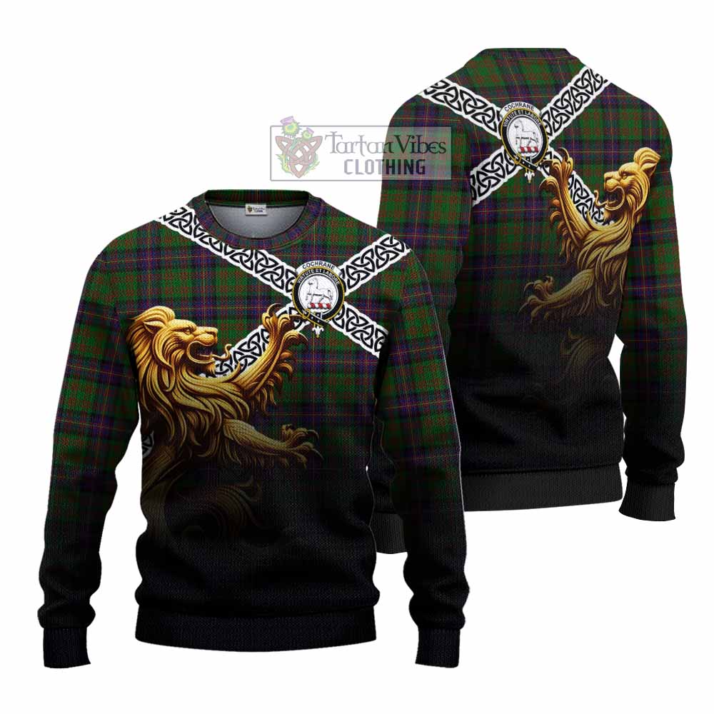Tartan Vibes Clothing Cochrane Crest Tartan Knitted Sweater with Golden Lion Emblem Celtic Style