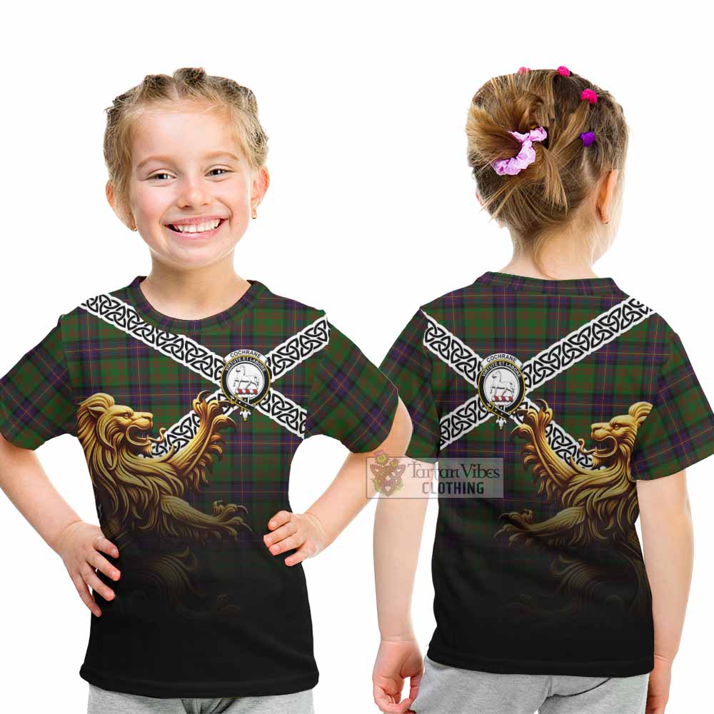 Tartan Vibes Clothing Cochrane Crest Tartan Kid T-Shirt with Golden Lion Emblem Celtic Style
