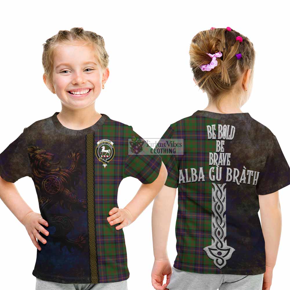 Tartan Vibes Clothing Cochrane Tartan Family Crest Kid T-Shirt Alba Gu Brath Be Brave Lion Ancient Style