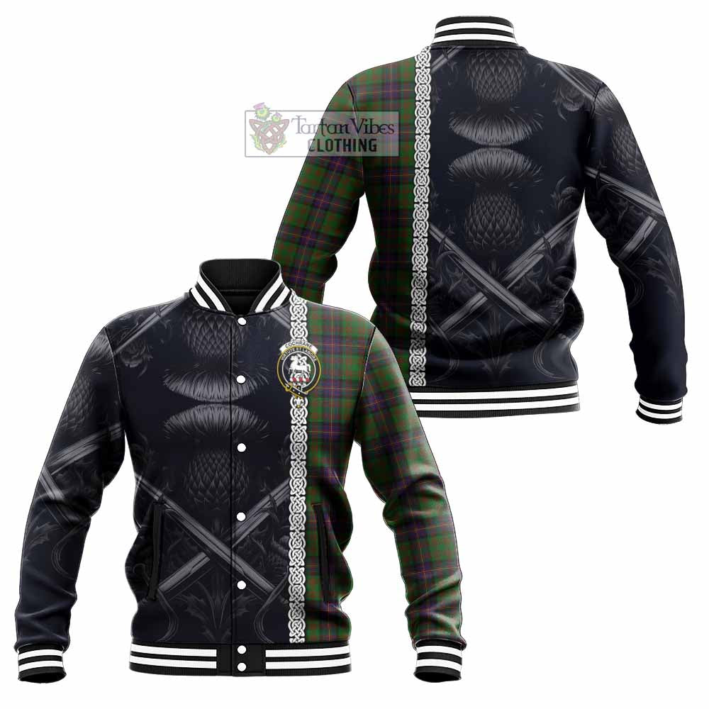 Tartan Vibes Clothing Cochrane Tartan Baseball Jacket with Family Crest Cross Sword Thistle Celtic Vibes