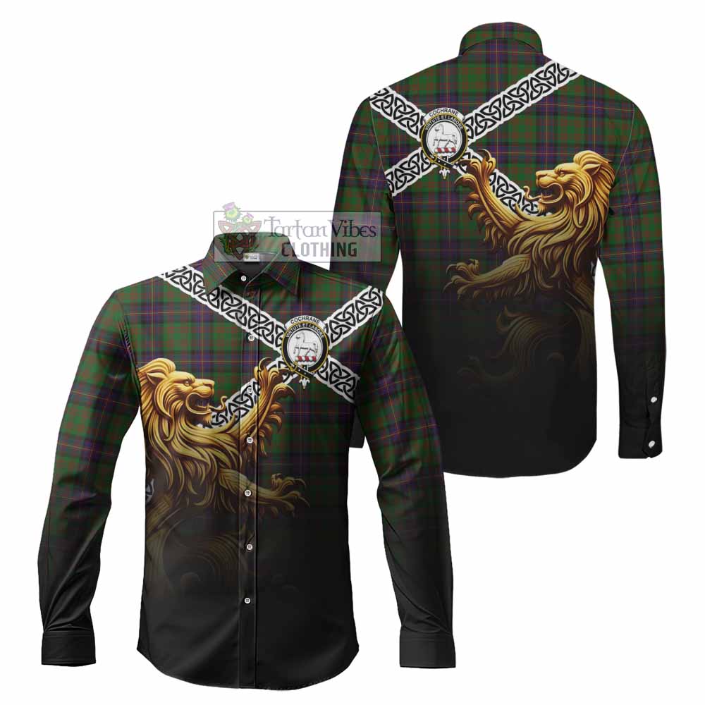 Tartan Vibes Clothing Cochrane Crest Tartan Long Sleeve Button Shirt with Golden Lion Emblem Celtic Style