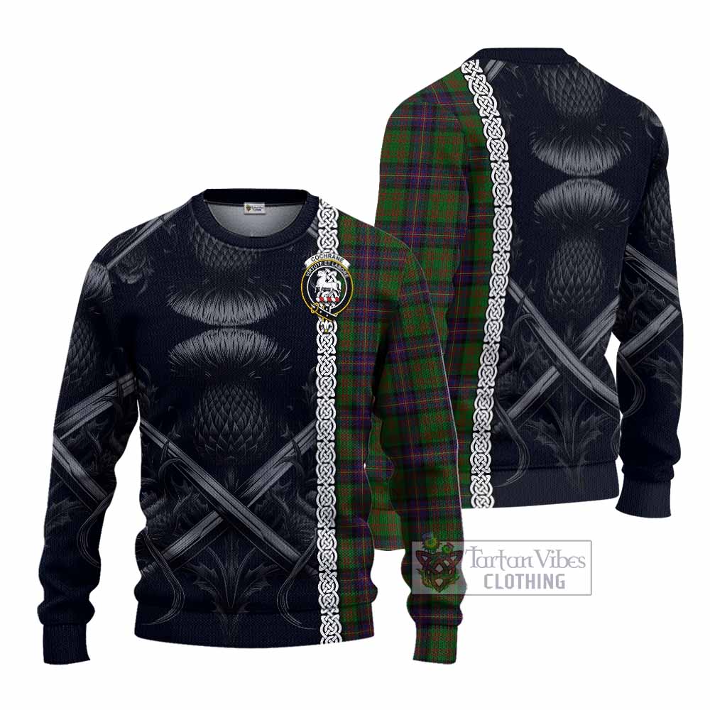 Tartan Vibes Clothing Cochrane Tartan Knitted Sweater with Family Crest Cross Sword Thistle Celtic Vibes