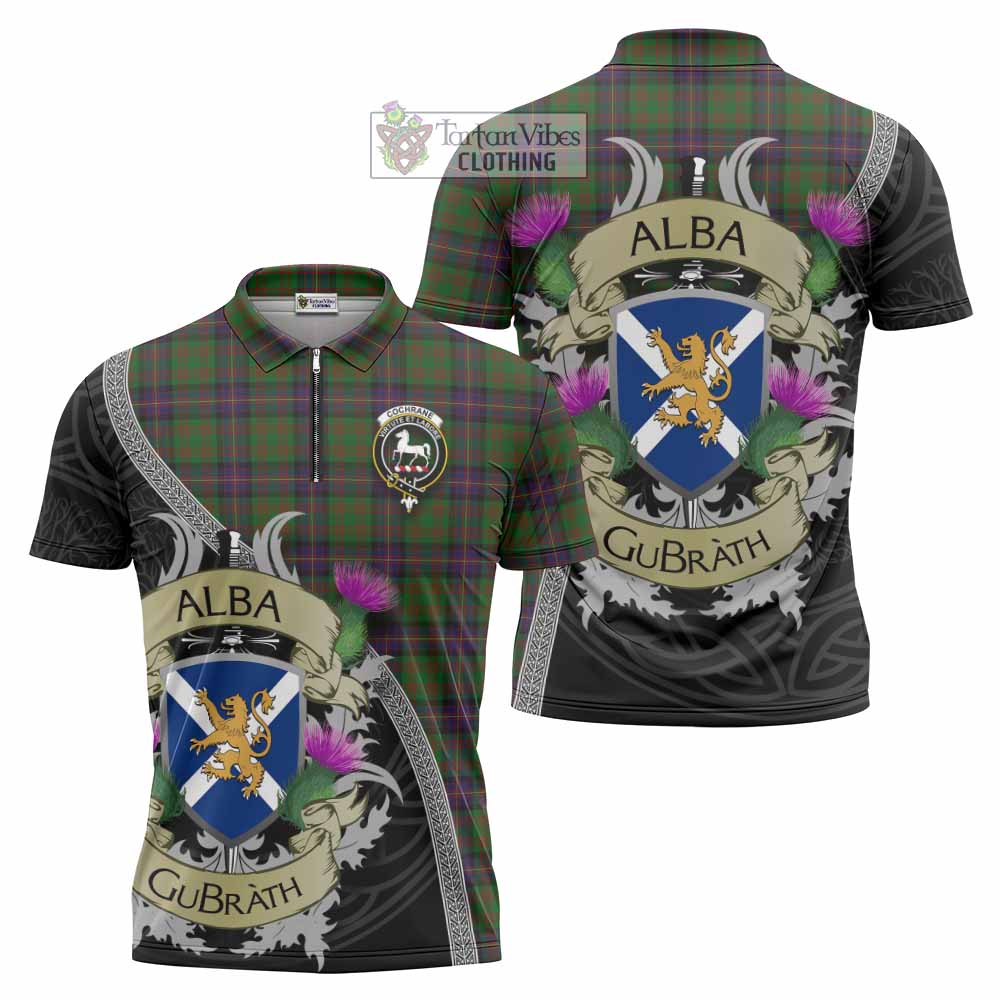 Tartan Vibes Clothing Cochrane Tartan Family Crest Zipper Polo Shirt Lion Rampant Royal Thistle Shield Celtic Inspired