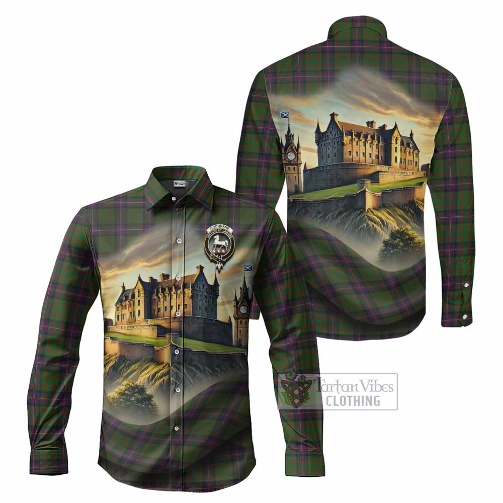 Tartan Vibes Clothing Cochrane Tartan Family Crest Long Sleeve Button Shirt with Scottish Ancient Castle Style