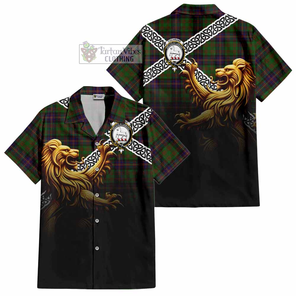 Tartan Vibes Clothing Cochrane Crest Tartan Short Sleeve Button Shirt with Golden Lion Emblem Celtic Style