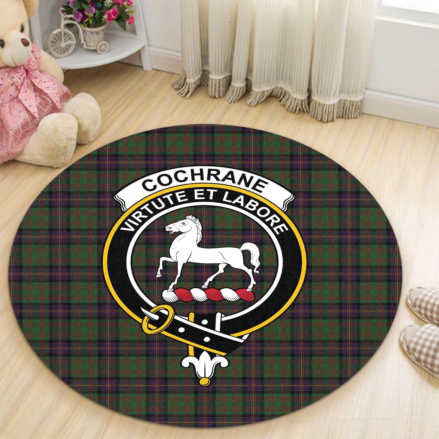 Cochrane Tartan Round Rug with Family Crest - Tartanvibesclothing
