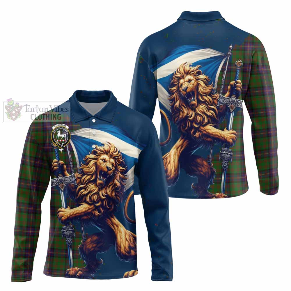 Tartan Vibes Clothing Cochrane Tartan Family Crest Long Sleeve Polo Shirt with Scottish Majestic Lion