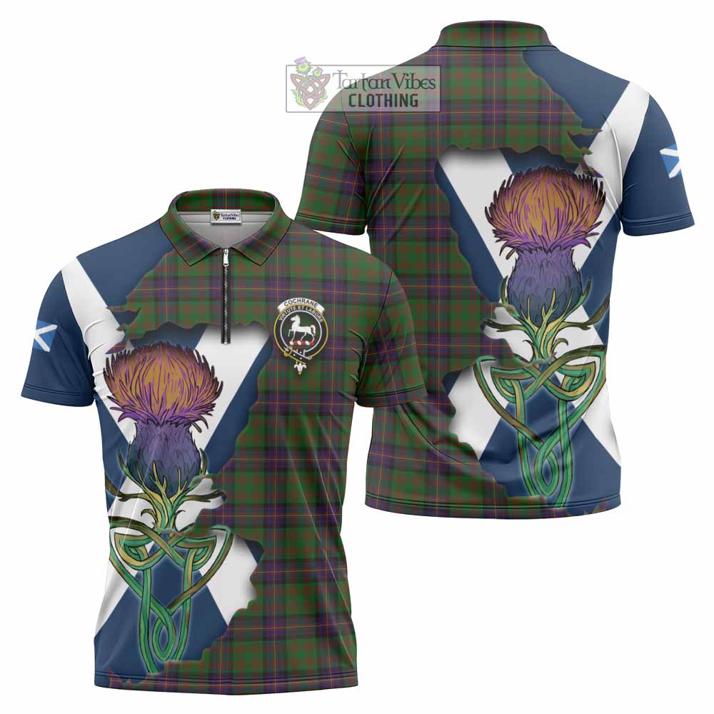 Tartan Vibes Clothing Cochrane Tartan Family Crest Zipper Polo Shirt Scottish Thistle Celtic Inspired