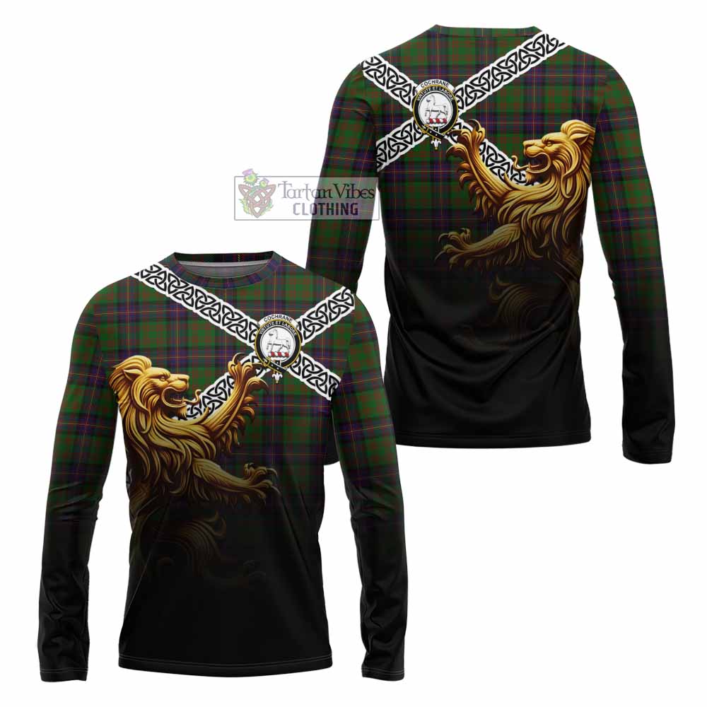 Tartan Vibes Clothing Cochrane Crest Tartan Long Sleeve T-Shirt with Golden Lion Emblem Celtic Style