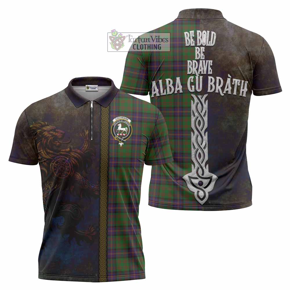 Tartan Vibes Clothing Cochrane Tartan Family Crest Zipper Polo Shirt Alba Gu Brath Be Brave Lion Ancient Style