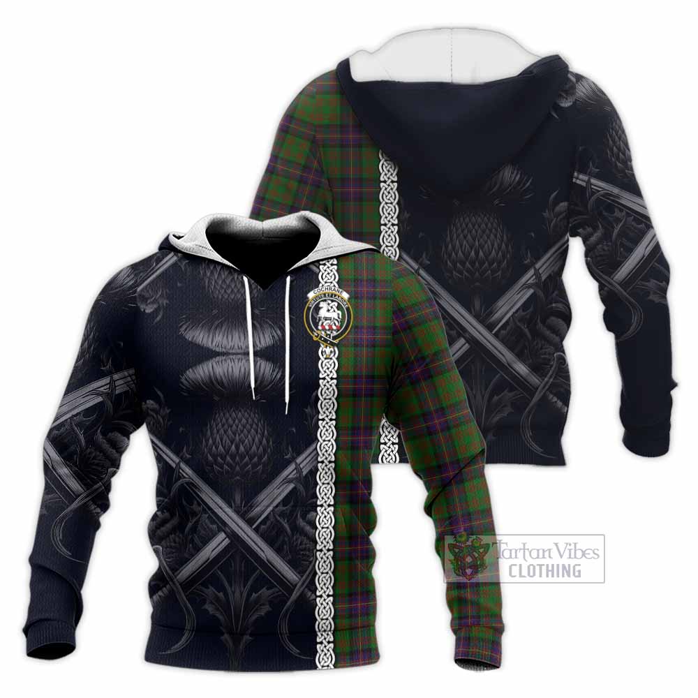 Tartan Vibes Clothing Cochrane Tartan Knitted Hoodie with Family Crest Cross Sword Thistle Celtic Vibes